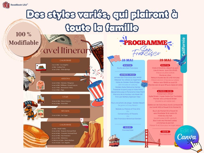 May include: A colorful travel itinerary template with a red, white, and blue American flag, a brown travel itinerary with a list of states and cities, and a blue and pink San Francisco itinerary with a red Golden Gate Bridge. The text on the itinerary says "Travel Itinerary", "Programme San Francisco", "28 Mai", "29 Mai", "Matin", "Apr&egrave;s-Midi", "Soir", "Californie", "Arizona", "Utah", "Nevada", "100% Modifiable", "Des styles vari&eacute;s, qui plairont &agrave; toute la famille", and "Edit in Canva".