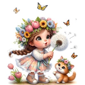 Puede incluir: Ilustración caprichosa de una niña con una corona de flores soplando un diente de león. Un gatito con una corona de flores está cerca. Mariposas revolotean a su alrededor. La niña lleva un vestido floral y botas marrones.