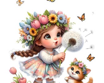 Little Girl and Kitten Fabric Panel • 100% Cotton • Quilting and Sewing