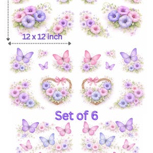 May include: A set of six decorative sheets featuring watercolor illustrations of butterflies and floral arrangements. Each sheet measures 12 x 12 inches. The designs include butterflies in shades of purple, pink, and blue, with matching flowers.