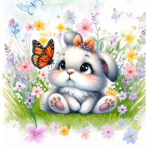 Op de afbeelding: Een aquarel illustratie van een schattig konijn dat in een veld met kleurrijke bloemen en groen gras zit. Een monarchvlinder landt in de buurt van het gezicht van het konijn. Vlinders fladderen in de lucht boven het konijn. Het konijn heeft een bloem in zijn haar.