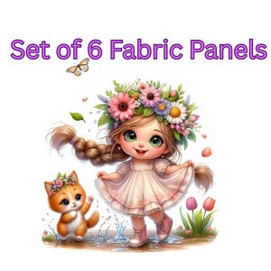 Könnte beinhalten: Ein Set aus 6 Stoffbahnen mit einer Cartoon-Illustration eines Kindes mit geflochtener Frisur, Blumenkranz und hellem Kleid, das neben einem orangefarbenen Kätzchen mit Blumenkranz steht, umgeben von Tulpen und einem Schmetterling.
