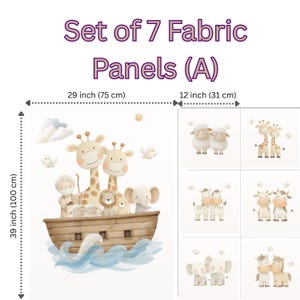 Könnte beinhalten: Set aus 7 Stoffpaneelen mit Aquarellillustrationen von Tieren und der Arche Noah. Das große Panel ist 100 cm hoch und 75 cm breit. Die kleineren Panels sind 31 cm breit. Der Text lautet "Set of 7 Fabric Panels (A)".