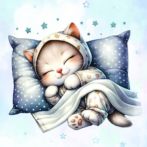 May include: A charming illustration of a sleeping kitten in patterned pyjamas and a hood, resting on a blue pillow with white stars. The kitten is covered with a white blanket, set against a light blue background with stars.