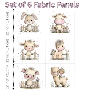 May include: Set of 6 fabric panels, each 12 inches (31 cm) square, featuring adorable farm animal illustrations. The panels include a bunny, cow, goat, pony, pig, and llama with a child, all set against a white background with a fence and floral accents.