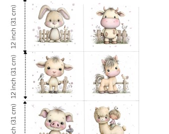 Baby Farm Animals Fabric Panels Quilting Set • Nursery Art • Cotton Sateen