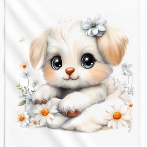 Puede incluir: Un cachorro blanco y esponjoso con grandes ojos oscuros y una pequeña nariz marrón, descansando entre flores de margarita blancas. El cachorro tiene una flor blanca detrás de una oreja y pelaje claro, presentado como ilustración gráfica.