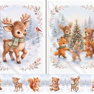 Op de afbeelding: Een set van twee rechthoekige stoffen panelen en een horizontale randstrook met illustraties van bosdieren in een besneeuwd bos. De ontwerpen tonen een hert met een sjaal, dieren die rond een kerstboom dansen, en individuele figuren van een vos, hert, eekhoorn, beer en konijn.