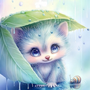 May include: A whimsical illustration of a fluffy, blue-gray creature with large, bright blue eyes, sheltering under a large green leaf from the rain. Raindrops and a small, striped insect are also present, creating a charming, fantasy scene.