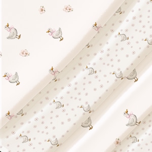 May include: A light beige pattern featuring cartoon geese with pink bows and small pink flower clusters. The geese are in various poses, creating a whimsical and delicate design. The overall aesthetic is soft and feminine.