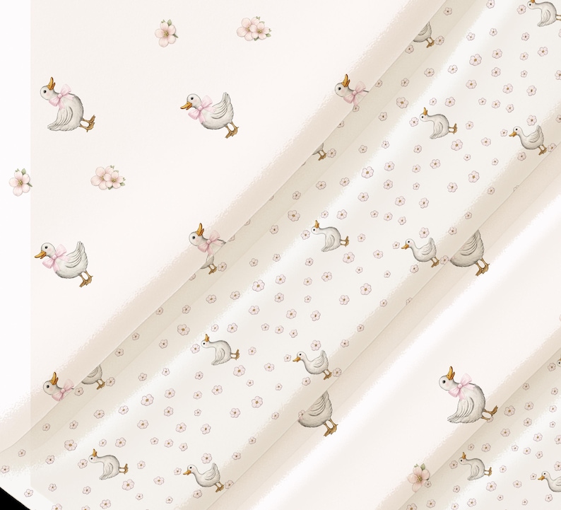 May include: A light beige pattern featuring cartoon geese with pink bows and small pink flower clusters. The geese are in various poses, creating a whimsical and delicate design. The overall aesthetic is soft and feminine.