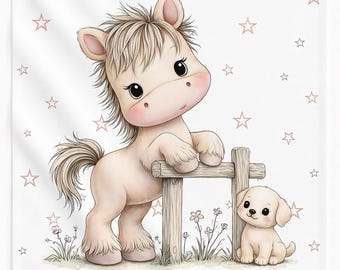 Horse Pony Cotton Fabric Panel for Quilting • Farm Animal Baby Nursery and Sewing