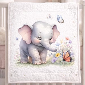 Baby Elephant and Butterfly Fabric Panel • 100% Cotton • Quilting, Sewing Projects