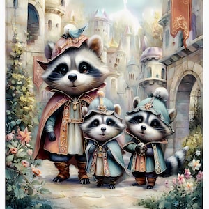 Noble Raccoon Family Quilt Fabric Panel Set,  Art Quilting Fabric, Storybook Animals, Nursery Sewing
