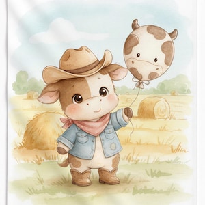 May include: Watercolor illustration of a cartoon cow wearing a cowboy hat, denim jacket, and boots, holding a cow-shaped balloon. The cow stands in a field with hay bales, under a blue sky. The artwork has a soft, whimsical style.