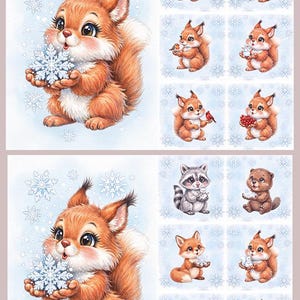 Op de afbeelding: Een verzameling digitale illustraties met diverse bosdieren, waaronder eekhoorns, een wasbeer, een bever, een vos, een beer en een konijn, tegen een lichtblauwe achtergrond met witte sneeuwvlokpatronen en winterse motieven.