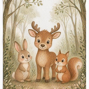 May include: A watercolour-style illustration featuring a brown deer with antlers standing in the centre, flanked by a light brown rabbit on the left and a reddish-brown squirrel on the right, all set within a soft-toned, light-filled forest.