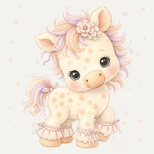 May include: A whimsical illustration of a baby giraffe with a cream-colored coat and soft orange spots. The giraffe has a pink flower in its hair, with pink and purple accents. It wears pink lace cuffs and a matching bow on its tail. The background is a light pink with small stars.