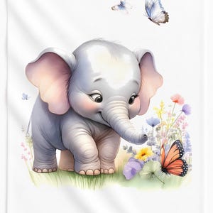 May include: A light gray baby elephant with large ears and pink cheeks stands in a field of green grass. The elephant looks down at a bright orange monarch butterfly resting on colorful wildflowers. Two additional butterflies fly above.