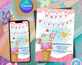 Ice Cream Birthday Invitation, Ice Cream Birthday Invitation, Ice Cream  Digital Invite, Birthday Invitations, Pink Girl Digital Invitation