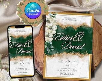 Digital Wedding Invitation, Emerald Green Wedding Invitation, Digital Wedding Invite, Gold and Green Wedding Invite, Dark Green Wedding
