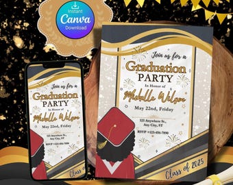 Digital Graduation Invitation, Custom Graduation Colors Invitation. Girl Graduation Invite, Red Graduation Gown Invitation, Girl Graduation