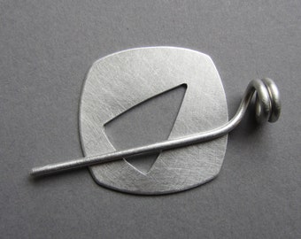 Rounded Square Shawl Pin 1.5 inch aluminum silvertone metal modern artisan handmade