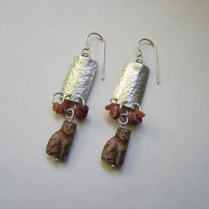 Tan Cat Earrings hammered sterling silver hand fabricated dangle earrings image 3