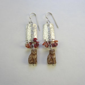 Tan Cat Earrings hammered sterling silver hand fabricated dangle earrings image 2