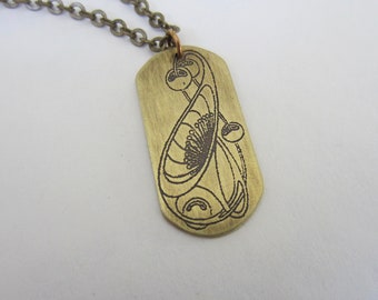 Brass pendant antiqued paisley pattern hand fabricated