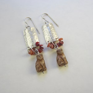 Tan Cat Earrings hammered sterling silver hand fabricated dangle earrings image 1
