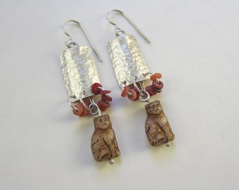 Tan Cat Earrings hammered sterling silver hand fabricated dangle earrings