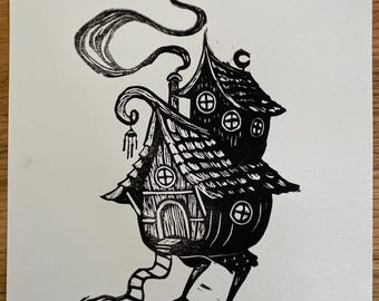 Baba Yaga’s hut - Handmade Linocut Print
