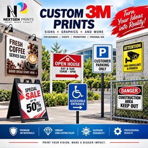 May include: A promotional display for Nextgen Prints featuring various custom 3M signs including a coffee shop advertisement, an open house sign, parking and accessibility markers, and safety warnings with text like Special Sale Up To 50% Off.