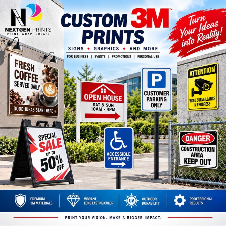 May include: A promotional display for Nextgen Prints featuring various custom 3M signs including a coffee shop advertisement, an open house sign, parking and accessibility markers, and safety warnings with text like Special Sale Up To 50% Off.