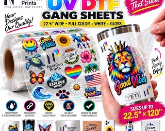 May include: A roll of custom UV DTF gang sheets featuring various colorful stickers like a smiley face, turtle, butterfly, and lion. A hand applies a lion sticker to a white Yeti tumbler. Text includes Custom UV DTF GANG SHEETS 22.5" WIDE.