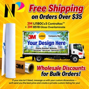 May include: A white roll of 3M IJ180Cv3 Controltac and 3M 8518 Gloss Overlaminate vinyl film next to a white box truck featuring a graphic display with the text 3M, Logo, Company Name, Your Design Here, Phone-Number-Website, and Services.