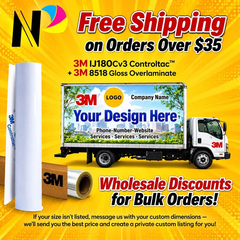May include: A white roll of 3M IJ180Cv3 Controltac and 3M 8518 Gloss Overlaminate vinyl film next to a white box truck featuring a graphic display with the text 3M, Logo, Company Name, Your Design Here, Phone-Number-Website, and Services.