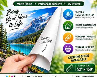 May include: Premium adhesive vinyl with a matte finish and UV printing. The sheet features a mountain lake landscape, with a corner peeled back to reveal an opaque white vinyl backing. Text highlights water and scratch resistance, indoor and outdoor use, permanent adhesive, and a maximum size of 52 inches by 159 inches.