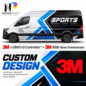 May include: A white and black van featuring a blue geometric graphic wrap with the text SPORTS PERFORMANCE PASSION NO LIMITS and NEXTGEN PRINTS. The design includes 3M IJ180Cv3 Controltac and 3M 8518 Gloss Overlaminate branding for vehicle wraps.