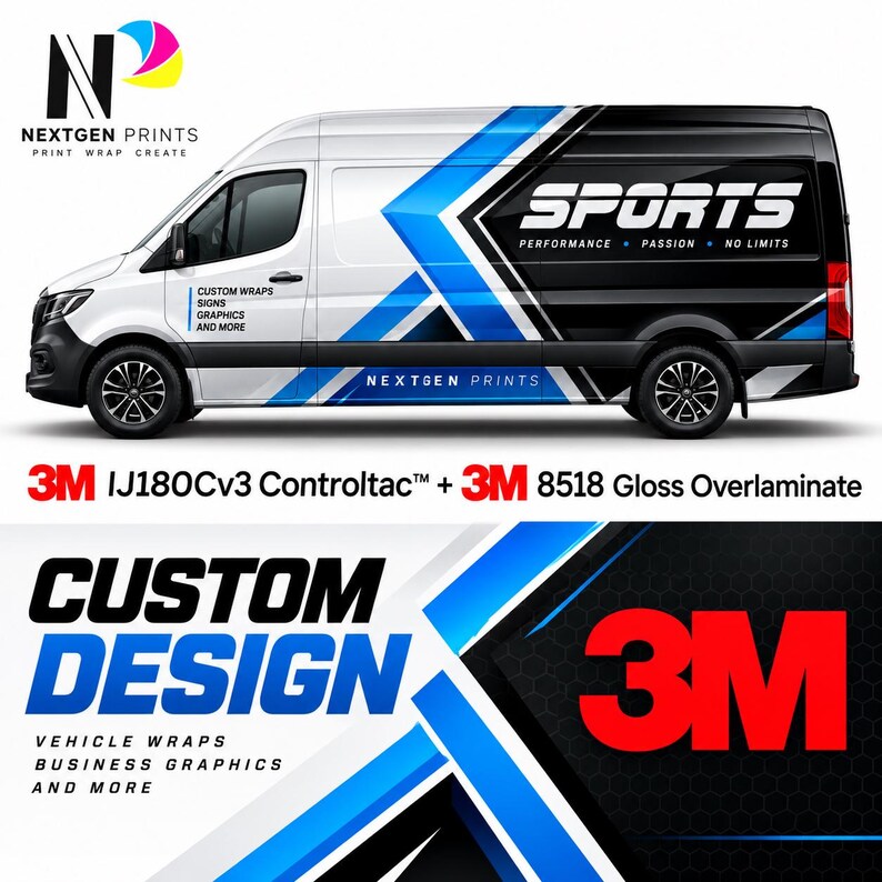 May include: A white and black van featuring a blue geometric graphic wrap with the text SPORTS PERFORMANCE PASSION NO LIMITS and NEXTGEN PRINTS. The design includes 3M IJ180Cv3 Controltac and 3M 8518 Gloss Overlaminate branding for vehicle wraps.