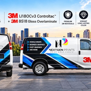 May include: A white van featuring a custom blue and black graphic wrap with the Nextgen Prints logo and text. The design includes 3M IJ180Cv3 Controltac and 3M 8518 Gloss Overlaminate branding, highlighting vehicle wraps, business graphics, and fleet graphics.