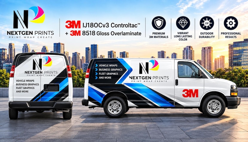 May include: A white van featuring a custom blue and black graphic wrap with the Nextgen Prints logo and text. The design includes 3M IJ180Cv3 Controltac and 3M 8518 Gloss Overlaminate branding, highlighting vehicle wraps, business graphics, and fleet graphics.