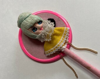 Cute Vintage Dolly Mirror Made in Japan Felt Wand for Girls 60s