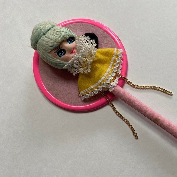 Cute Vintage Dolly Mirror Made in Japan Felt Wand for Girls 60s 70s