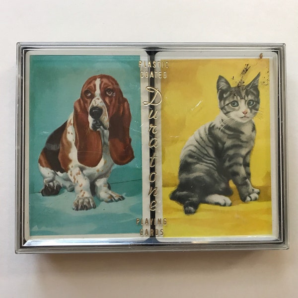 Vintage Double Deck of Playing Cards Dog and Cat Game Night Complete Decks Groovy Poker Rummy Old Maid Bridge Hearts Ephemera Duratone