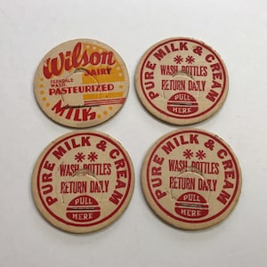 VENTE bouchons de lait en papier vintage Lait pur et flacons de lavage crème retour quotidien Wilson Dairy pasteurisé Lot de 4
