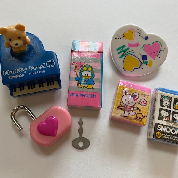 Cute Stationary Lot RARE Collectible Snoopy Viva Penguin Fluffy Fred Erasers Lock and Key Sharpener 80s 90s Flomo