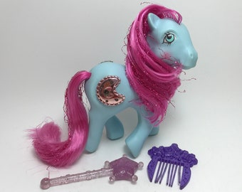 My Little Pony Princess Royal Blue MLP g1 80s Kids Toys 1980s Retro Glitter Hair Blue Pink with Wand and Comb