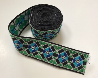 Vintage Embroidered Woven Trim 60s 70s Groovy Hippy Boho Festival Craft Sewing Supplies Blue Green Black Color Block Supply